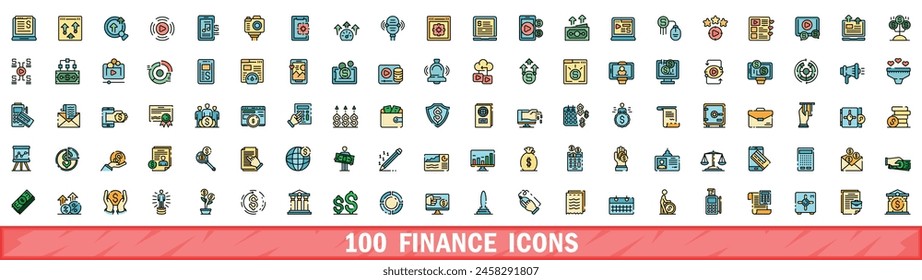 100 finance icons set. Color line set of finance vector icons thin line color flat on white