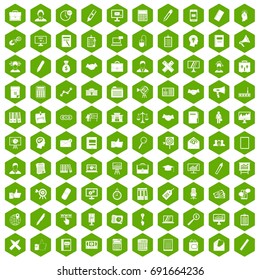 100 finance icons set in green hexagon isolated vector illustration