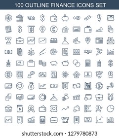 100 finance icons. Trendy finance icons white background. Included outline icons such as chart, graph, credit card, safe, ATM money withdraw. finance icon for web and mobile.