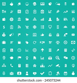 100 finance icons, white on green background 