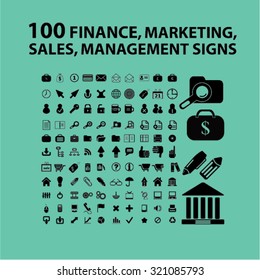 100 finance, marketing, sales, management icons, signs