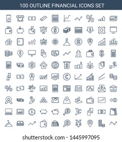 100 financial icons. Trendy financial icons white background. Included outline icons such as graph, coin, dollar location, yuan, search dollar. financial icon for web and mobile.