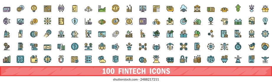 100 fintech icons set. Color line set of fintech vector icons thin line color flat on white