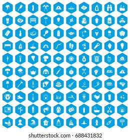 100 fire icons set in blue hexagon isolated vector illustration