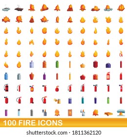 100 fire icons set. Cartoon illustration of 100 fire icons vector set isolated on white background