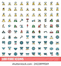 100 iconos de fuego. Conjunto de líneas de color de iconos vectores de fuego color de línea delgada plano sobre blanco