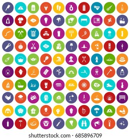 100 fire icons set in different colors circle isolated vector illustration