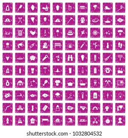 100 fire icons set in grunge style pink color isolated on white background vector illustration