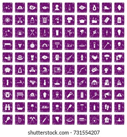 100 fire icons set in grunge style purple color isolated on white background vector illustration