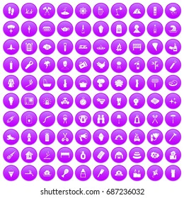 100 fire icons set in purple circle isolated on white vector illustration