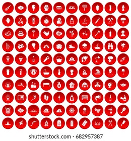 100 fire icons set in red circle isolated on white vector illustration