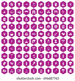 100 fire icons set in violet hexagon isolated vector illustration