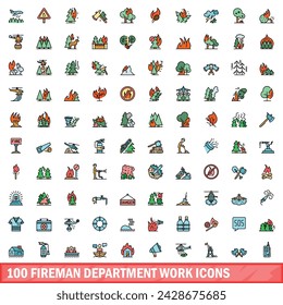 100 fireman department work icons set. Color line set of fireman department work vector icons thin line color flat on white