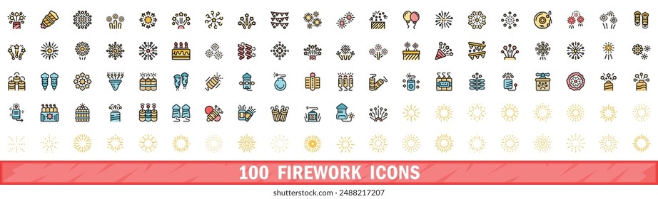 100 firework icons set. Color line set of firework vector icons thin line color flat on white