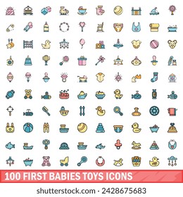 100 primeros bebés juguetes iconos conjunto. Conjunto de línea de color de los primeros bebés juguetes iconos vectoriales línea delgada color plano en blanco