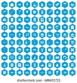 100 fish icons set in blue hexagon isolated vector illustration