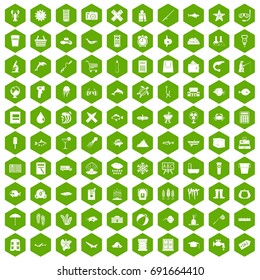 100 fish icons set in green hexagon isolated vector illustration