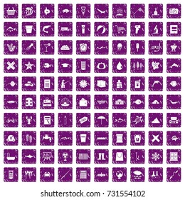 100 fish icons set in grunge style purple color isolated on white background vector illustration