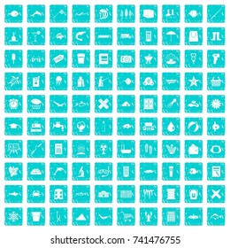 100 fish icons set in grunge style blue color isolated on white background vector illustration