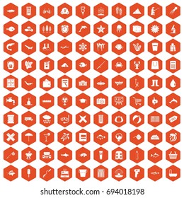 100 fish icons set in orange hexagon isolated vector illustration