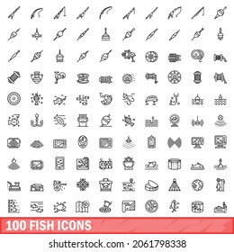 100 fish icons set. Outline illustration of 100 fish icons vector set isolated on white background