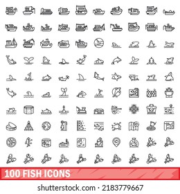 100 fish icons set. Outline illustration of 100 fish icons vector set isolated on white background