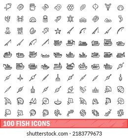 100 fish icons set. Outline illustration of 100 fish icons vector set isolated on white background