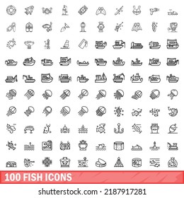 100 fish icons set. Outline illustration of 100 fish icons vector set isolated on white background