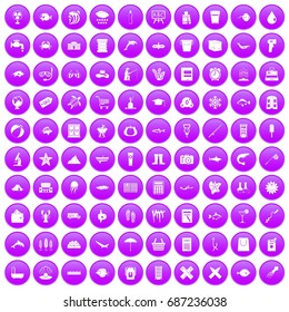 100 fish icons set in purple circle isolated on white vector illustration