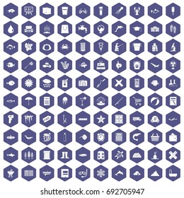 100 fish icons set in purple hexagon isolated vector illustration