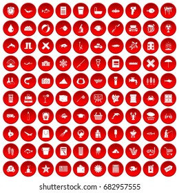 100 fish icons set in red circle isolated on white vector illustration