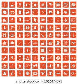 100 fit body icons set in grunge style orange color isolated on white background vector illustration