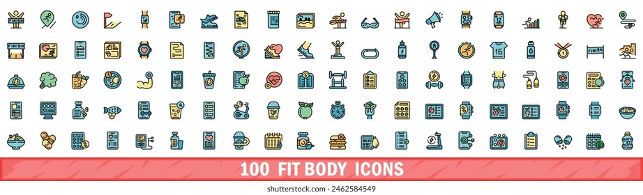 100 fit body icons set. Color line set of fit body vector icons thin line color flat on white