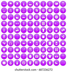 100 fit body icons set in purple circle isolated on white vector illustration