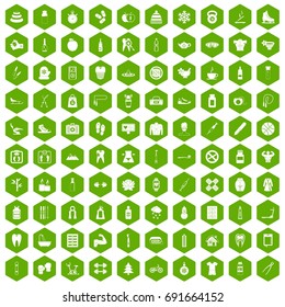 100 fit body icons set in green hexagon isolated vector illustration
