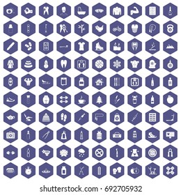 100 fit body icons set in purple hexagon isolated vector illustration