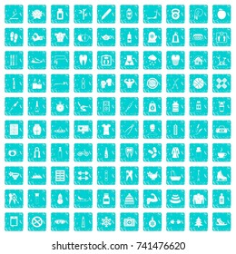 100 fit body icons set in grunge style blue color isolated on white background vector illustration