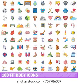 100 fit body icons set. Cartoon illustration of 100 fit body vector icons isolated on white background