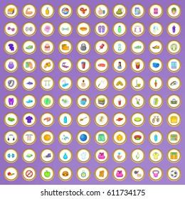 100 fitness center icons set in cartoon style on purple background vector illustration