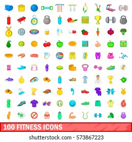 100 fitness and diet food icons set in cartoon style. Illustration of diet food icons isolated vector for web