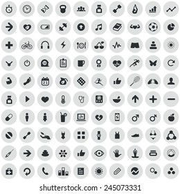 100 fitness icons, black on circle gray background 