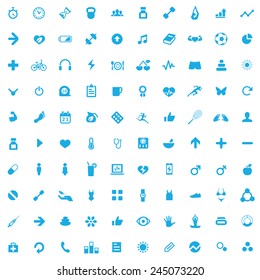 100 fitness icons, blue on white background 