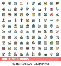 100 iconos de fitness. Conjunto de líneas de color de forma iconos vectoriales color de línea delgada plano sobre blanco