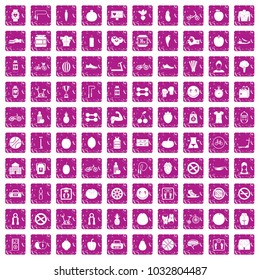 100 fitness icons set in grunge style pink color isolated on white background vector illustration