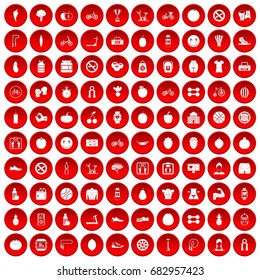 100 fitness icons set in red circle isolated on white vector illustration