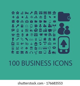 100 flat business, office icons, signs set, vector