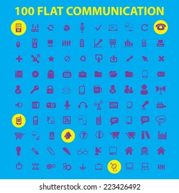 100 flat communication, phone, connection icons, signs, symbols, illustrations, vectors set