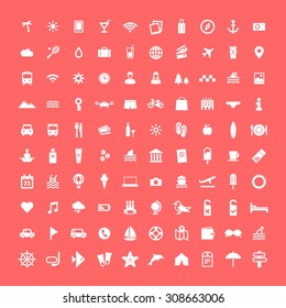 100 flat design vector travel, vacation, city, sea, holiday icon collection