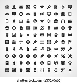 100 Flat icons vector set for web site design, infographics, ui and mobile apps. Objects, business, office, communication and marketing items