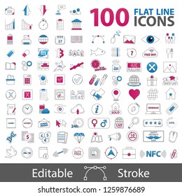 100 Flat Line Icons Collection - Outline Styled Symbols - Editable Strokes - Vector Illustrations - Isolated On White Background